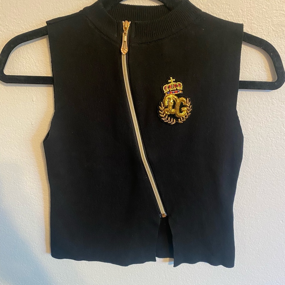 Dolce & Gabbana Black Sweater Tank with Gold Embroidery